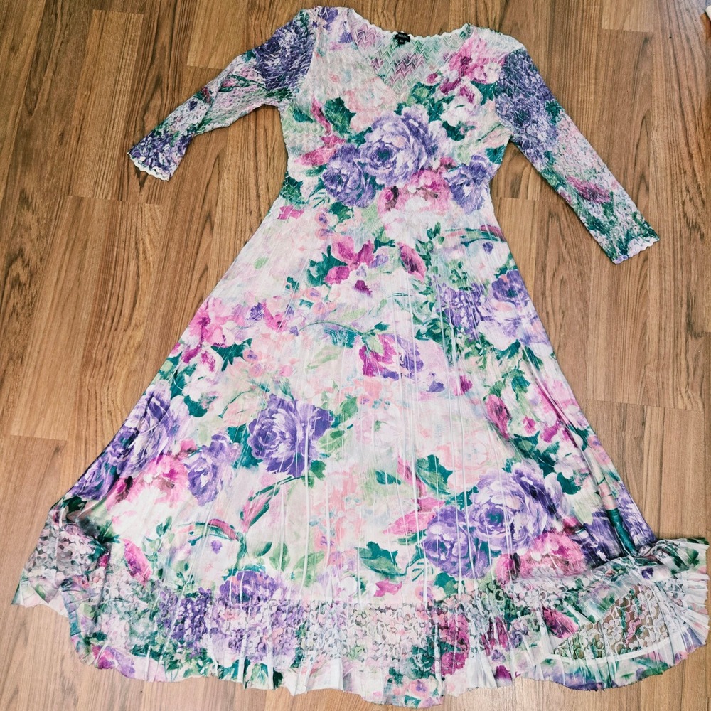 Komarov Maxi Dress XL Purple Floral Pleated Lace Trim Watercolor Crinkle Garden - Picture 12 of 14